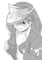 Rule 34 | 10s, 1girl, bad id, bad tumblr id, blush, flat chest, from above, greyscale, kantai collection, monochrome, nathaniel pennel, open clothes, ryuujou (kancolle), simple background, smile, solo, twintails, visor cap, white background