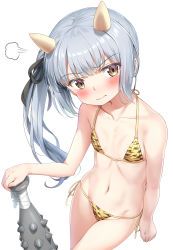 Rule 34 | 1girl, absurdres, alternate costume, animal print, bikini, blush, brown eyes, club, club (weapon), collarbone, commentary request, flat chest, grey hair, groin, highres, horns, kanabou, kantai collection, kasumi (kancolle), long hair, navel, nedia (nedia region), oni horns, side-tie bikini bottom, side ponytail, simple background, solo, swimsuit, tiger print, underwear, weapon, white background