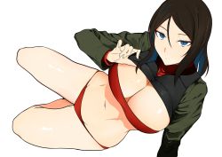 Rule 34 | 1girl, absurdres, arm support, bad id, bad twitter id, black hair, black vest, blue eyes, bra, breasts, cleavage, closed mouth, clothes lift, girls und panzer, green jacket, half-closed eyes, highres, jacket, jacket lift, large breasts, lifted by self, light frown, long hair, long sleeves, looking at viewer, lying, military, military uniform, navel, no pants, nokogiriotoko, nonna (girls und panzer), on side, panties, pravda military uniform, red bra, red panties, red shirt, shirt, simple background, skindentation, solo, swept bangs, thighs, turtleneck, underwear, uniform, vest, white background