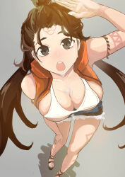 Rule 34 | 1girl, arm markings, arm up, bare shoulders, black eyes, body markings, bra, breasts, brown hair, check commentary, cleavage, coastm81942, commentary, commentary request, denim, denim shorts, facial mark, fate/grand order, fate (series), forehead mark, foreshortening, from above, grey background, hair bun, hand on own thigh, highres, himiko (fate), himiko (tour outfit) (fate), hood, hooded vest, hoodie, hot, large breasts, long hair, looking at viewer, looking up, open mouth, orange vest, shadow, short shorts, shorts, sideboob, simple background, sleeveless, sweat, thighs, topknot, twintails, underwear, vest, white bra