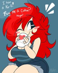 Rule 34 | 1girl, absurdres, black eyes, blush, coffee cup, coffee mug, cup, disposable cup, english text, highres, mug, red hair, signature, smile, tank top, toon (style), toon michaela, toxicsoul77