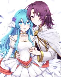 Rule 34 | 1boy, 1girl, :d, ahoge, black jacket, blue eyes, breasts, cape, choker, circlet, cleavage, collarbone, couple, detached sleeves, dress, eirika (fire emblem), fire emblem, fire emblem: the sacred stones, flower, hair between eyes, hair flower, hair intakes, hair ornament, hand on another&#039;s hip, highres, jacket, long hair, long sleeves, looking at viewer, lyon (fire emblem), medium breasts, misato hao, nintendo, open mouth, parted lips, purple cape, purple eyes, purple flower, purple hair, purple rose, rose, see-through, sleeveless, sleeveless dress, smile, strapless, strapless dress, very long hair, white background, white dress, white sleeves
