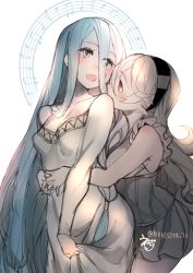 Rule 34 | 2girls, azura (fire emblem), bare shoulders, blue hair, blush, breasts, cleavage, corrin (female) (fire emblem), corrin (fire emblem), cousins, fire emblem, fire emblem fates, hairband, hug, hug from behind, incest, long hair, medium breasts, multiple girls, musical note, negiwo, nintendo, open mouth, pointy ears, red eyes, silver hair, simple background, smile, very long hair, yellow eyes, yuri
