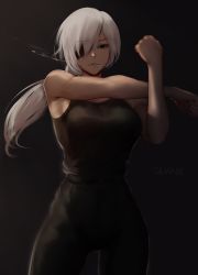 Rule 34 | 1girl, absurdres, armpits, bad id, bad pixiv id, bare arms, bare shoulders, black background, black pants, black tank top, chainsaw man, cigarette, eyepatch, high-waist pants, highres, low tied hair, pants, quanxi (chainsaw man), smoke, standing, stretching, tank top, white hair, zaki (zaki btw)