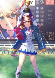Rule 34 | 1girl, animal ears, arima kinen, ascot, asymmetrical gloves, black gloves, blue eyes, blue jacket, blue skirt, boots, bow, brown hair, buttons, cape, double-breasted, ear piercing, epaulettes, feet out of frame, gloves, hair bow, hawawa (hawawauma), high ponytail, highres, historical event, holding, holding trophy, horse ears, horse girl, horse racing track, jacket, knee boots, long hair, long sleeves, looking at viewer, mismatched gloves, multicolored clothes, multicolored hair, multicolored jacket, piercing, pink ascot, pink bow, pleated skirt, ponytail, red cape, single epaulette, skirt, smile, solo, streaked hair, tokai teio (umamusume), trophy, two-tone hair, two-tone jacket, two-tone skirt, umamusume, white footwear, white gloves, white hair, white jacket, white skirt