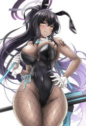 Rule 34 | 1girl, absurdres, animal ears, black hair, black leotard, blue archive, breasts, chantatou-hwi, cleavage, collarbone, curvy, dark skin, detached collar, embarrassed, fishnets, gloves, halo, highleg, highleg leotard, highres, holding, holding weapon, karin (blue archive), karin (bunny) (blue archive), large breasts, leotard, lips, long hair, looking at viewer, pantyhose, playboy bunny, rabbit ears, shiny skin, shoulder tattoo, simple background, solo, tattoo, thighs, thong leotard, very long hair, weapon, white gloves, wide hips, wrist cuffs, yellow eyes