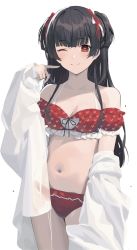 Rule 34 | 1girl, bikini, bikini under clothes, black hair, black ribbon, blunt bangs, breasts, brown eyes, cleavage, closed mouth, commentary request, gin00, hair ribbon, hand up, heart, heart print, highres, idolmaster, idolmaster shiny colors, legs together, long hair, long sleeves, looking at viewer, mayuzumi fuyuko, medium breasts, navel, off shoulder, one eye closed, open clothes, open shirt, print bikini, red bikini, red ribbon, ribbon, see-through, shirt, simple background, smile, solo, standing, swimsuit, swimsuit cover-up, two side up, white background, white shirt