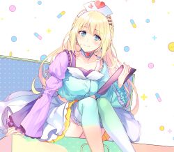 Rule 34 | 1girl, blonde hair, blush, braid, commentary request, copyright request, e (eokiba), hat, long hair, multicolored thighhighs, nurse cap, pill, sitting, smile, solo, thighhighs, very long hair