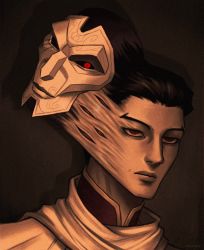 Rule 34 | 1boy, artist name, black hair, brown background, closed mouth, highres, jhin, konstatin (konstatinart), league of legends, looking at viewer, male focus, mask, portrait, red eyes, shiny skin, short hair, solo, surreal