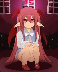 Rule 34 | 1girl, ascot, blush, demon wings, full moon, hands on own knees, head wings, highres, koakuma, long hair, moon, pointy ears, red eyes, red hair, red moon, shoes, smile, solo, squatting, touhou, very long hair, window, wings, zuttokodomo