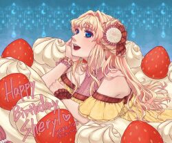 Rule 34 | 1girl, bare shoulders, birthday cake, blonde hair, blue eyes, blunt bangs, bracelet, buttons, cake, character name, collared dress, commentary request, crescent moon, dated, dress, elbow gloves, eyelashes, food, fruit, gloves, hair ornament, happy birthday, head rest, highres, jewelry, kila sub, light blush, long hair, lying, macross, macross frontier, moon, on stomach, open mouth, sheryl nome, sidelocks, solo, strawberry, teeth, twitter username, upper body, upper teeth only, wristband, yellow dress