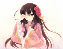 Rule 34 | 00s, 1girl, ahoge, axis powers hetalia, brown eyes, brown hair, changpao, china dress, chinese clothes, dress, flower, frilled sleeves, frills, hair flower, hair ornament, japanese clothes, kimono, long hair, long sleeves, one eye closed, open mouth, petticoat, plum blossoms, shinia, smile, solo, taiwan (hetalia), tears, wide sleeves, wink, wiping tears
