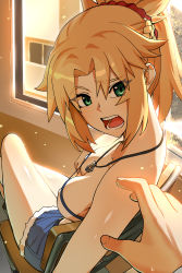 Rule 34 | 1boy, 1girl, absurdres, bare shoulders, blonde hair, blue shorts, braid, breasts, chair, cleavage, collarbone, covered erect nipples, crossed legs, cutoffs, downblouse, fate/grand order, fate (series), from behind, green eyes, hair ornament, hair scrunchie, highres, hyperbudd, indoors, jewelry, long hair, looking at viewer, looking back, medium breasts, mordred (fate), mordred (fate/apocrypha), mordred (memories at trifas) (fate), necklace, open mouth, parted bangs, ponytail, pov, scrunchie, short shorts, shorts, sitting, strapless, window
