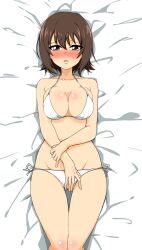 Rule 34 | 1girl, absurdres, bikini, blush, breasts, brown eyes, brown hair, female focus, girls und panzer, highres, large breasts, looking at viewer, lying, navel, nishizumi maho, on back, on bed, short hair, solo, swimsuit, umeta shirisuke