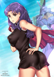 Rule 34 | 1girl, artist name, ass, bare shoulders, black dress, breasts, brown dress, covered erect nipples, curvy, dress, eva 01, hand on ass, jacket, katsuragi misato, large breasts, long hair, looking at viewer, mecha, neon genesis evangelion, open mouth, parted lips, purple theme, red jacket, redjet, robot, shiny skin, sleeveless, smile, thick thighs, thighs
