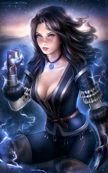 Rule 34 | 1girl, blue eyes, boots, breasts, choker, cleavage, fur, gloves, jewelry, lightning, lips, madeleine bellwoar, necklace, pants, shirt, solo, star (symbol), the witcher (series), yennefer of vengerberg
