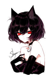 Rule 34 | 1girl, absurdres, animal ear fluff, animal ears, artist name, bad id, bad pixiv id, bare shoulders, black choker, black dress, black gloves, black hair, cat ears, chinese commentary, choker, commentary request, crescent, crescent choker, cropped torso, dress, elbow gloves, eyelashes, gloves, hair between eyes, hand up, highres, looking at viewer, original, red eyes, sheya, short hair, signature, simple background, solo, strapless, strapless dress, upper body, white background