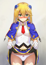 Rule 34 | 1girl, belt, blazblue, blonde hair, blue capelet, blue skirt, blush, breasts, capelet, clothes lift, collared shirt, cowboy shot, cropped shirt, embarrassed, gloves, gluteal fold, gold trim, gradient background, green eyes, hair ornament, lifting own clothes, long hair, medium breasts, navel, necktie, noel vermillion, panties, pleated skirt, red necktie, red ribbon, ribbon, sayoi, shirt, shoulder ribbon, simple background, skirt, skirt lift, sleeveless, sleeveless shirt, solo, underwear, white gloves, white panties, white shirt