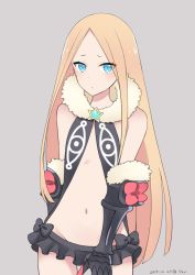 Rule 34 | 1girl, abigail williams (fate), bad id, bad pixiv id, bare shoulders, black skirt, blonde hair, blue eyes, blush, closed mouth, commentary request, cosplay, creator connection, dated, fate/grand order, fate (series), fur collar, fur trim, gauntlets, grey background, groin, long hair, looking at viewer, lowleg, lowleg skirt, microskirt, nana sui, navel, no mask, parted bangs, pleated skirt, revealing clothes, sekai seifuku: bouryaku no zvezda, signature, simple background, skirt, solo, star (symbol), twitter username, venera-sama, venera-sama (cosplay), very long hair