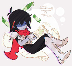 Rule 34 | 1other, armor, armored boots, black bodysuit, black hair, blue skin, bodysuit, boots, cape, closed eyes, closed mouth, colored skin, crayon, crossed arms, crossed legs, deltarune, drooling, english text, gloves, knee boots, kris (deltarune), paper, pencil, pencil behind ear, ralsei, red cape, saliva, senjochi janai, signature, simple background, solo, twitter username, v, white gloves, zzz