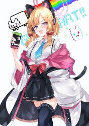 Rule 34 | 1girl, :d, animal ear headphones, animal ears, black skirt, blonde hair, blue archive, blue necktie, bow, cat ear headphones, cellphone, commentary request, fake animal ears, hair bow, halo, headphones, highres, holding, holding phone, jacket, looking at viewer, momoi (blue archive), mutou mame, necktie, nyan cat, open mouth, phone, purple eyes, red bow, shirt, skirt, smile, solo, tail, thighhighs, thighs, white background, white jacket, white shirt, zettai ryouiki