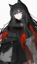 Rule 34 | 1girl, absurdres, animal ear fluff, animal ears, arknights, black dress, black hair, blue eyes, cape, commentary, cowboy shot, dot nose, dress, expressionless, film grain, hair between eyes, hair intakes, highres, long hair, long sleeves, looking at viewer, multicolored eyes, ozeu0916, red cape, simple background, solo, texas (arknights), texas the omertosa (arknights), two-tone eyes, white background, wolf ears, wolf girl, yellow eyes