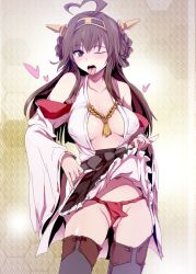 Rule 34 | 1girl, ahoge, bare shoulders, blush, breasts, breasts apart, brown hair, clothes lift, commentary request, fundoshi, hairband, heart, heart ahoge, higata akatsuki, honeycomb (pattern), honeycomb background, japanese clothes, jpeg artifacts, kantai collection, kongou (kancolle), large breasts, lifting own clothes, long hair, looking at viewer, one eye closed, open mouth, panties, partially visible vulva, purple eyes, red panties, ribbon-trimmed sleeves, ribbon trim, skirt, skirt lift, solo, standing, thighhighs, tongue, tongue out, underboob, underwear