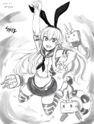 Rule 34 | 10s, 1girl, boots, bow, elbow gloves, gloves, greyscale, hair bow, jumping, kantai collection, long hair, looking at viewer, microskirt, midriff, miniskirt, monochrome, navel, open mouth, panties, pleated skirt, sailor collar, shimakaze (kancolle), sigama, skirt, solo, striped clothes, striped thighhighs, thighhighs, turret, underwear