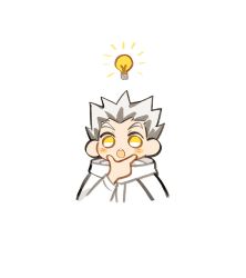 Rule 34 | 1boy, :o, black hair, bokuto koutarou, chibi, claireiosity, dyed hair, eyebrows, haikyuu!!, hair up, highres, jacket, light blush, light bulb, long sleeves, male focus, multicolored hair, open mouth, pale skin, raised eyebrows, short hair, sleeves past elbows, solo, solo focus, spiked hair, surprised, teeth, thinking, tongue, two-tone hair, white background, white hair, white jacket, yellow eyes