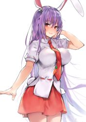 Rule 34 | 1girl, animal ears, asuzemu, blush, breasts, carrot, closed mouth, collared shirt, commentary request, cowboy shot, large breasts, long hair, necktie, orange necktie, orange skirt, purple hair, rabbit ears, rabbit girl, rabbit tail, red eyes, red necktie, reisen udongein inaba, ribbon-trimmed shirt, shirt, short sleeves, simple background, skirt, solo, standing, tail, touhou, very long hair, white background, white shirt