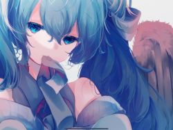 1girl, bare shoulders, blue eyes, blue hair, blue neckwear, detached sleeves, fuyuzuki gato, grey shirt, hair tie, hatsune miku, highres, long hair, looking at viewer, mouth hold, necktie, necktie in mouth, portrait, shirt, sleeveless, sleeveless shirt, solo, twintails, vocaloid, wings
