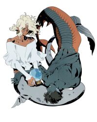 Rule 34 | 2boys, 5altybitter5, blonde hair, closed mouth, colored skin, copyright request, green skin, merman, monster boy, multiple boys, off-shoulder shirt, off shoulder, shirt, simple background, white background, white shirt