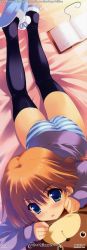 Rule 34 | 00s, absurdres, ass, bed, blue eyes, blush, book, brown hair, highres, komaki ikuno, long image, lying, ohara tometa, panties, solo, stick poster, striped clothes, striped panties, tall image, thighhighs, to heart (series), to heart 2, to heart 2 ad, underwear