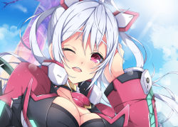 Rule 34 | 1girl, ahoge, blush, breasts, choker, cleavage, close-up, day, eyebrows, hair ornament, hair rings, hand on own face, innocent cluster, jacket, lens flare, long hair, long sleeves, looking at viewer, matoi (pso2), medium breasts, milkpanda, one eye closed, open mouth, phantasy star, phantasy star online 2, portrait, red eyes, silver hair, sky, solo, sunlight, teeth, upper body
