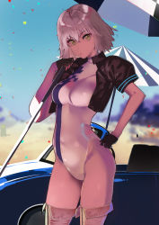 Rule 34 | 1girl, alternate costume, black gloves, black jacket, blurry, boots, breasts, car, confetti, cowboy shot, cropped jacket, day, depth of field, fate/grand order, fate (series), gloves, green eyes, grey hair, hair between eyes, half gloves, hand on own hip, hareno chiame, jacket, jeanne d&#039;arc (fate), jeanne d&#039;arc alter (avenger) (fate), jeanne d&#039;arc alter (fate), leotard, looking at viewer, medium breasts, motor vehicle, outdoors, pursed lips, race queen, shelby cobra, solo, thigh boots, thighhighs, thighs, umbrella, white leotard