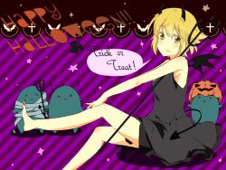 Rule 34 | 1girl, bad id, bad pixiv id, barefoot, bat wings, black dress, blonde hair, creature, crossover, dress, english text, expressionless, halloween, holding, looking at viewer, madotsuki, nail polish, parted lips, pokte, polearm, short hair, silhouette, sitting, solo, trident, urotsuki, weapon, wings, yellow eyes, yume 2kki, yume nikki
