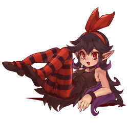 Rule 34 | 1girl, bare shoulders, black footwear, black hair, borrowed character, bow, fangs, highres, long hair, looking at viewer, pantyhose, pointy ears, red bow, red eyes, sidelocks, slit pupils, smile, striped clothes, striped pantyhose, vampire, waa153, zakuro (rariatto)