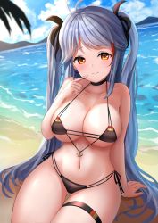 Rule 34 | 1girl, anchor symbol, antenna hair, arm support, azur lane, bare shoulders, beach, bikini, black bikini, black choker, blue sky, blush, breasts, choker, cleavage, cloud, cloudy sky, collarbone, commentary request, finger to mouth, groin, hair between eyes, hair ribbon, head tilt, horizon, index finger raised, large breasts, long hair, looking at viewer, manda (manda9n), mountainous horizon, multicolored hair, navel, ocean, official alternate costume, prinz eugen (azur lane), prinz eugen (unfading smile) (azur lane), ribbon, side-tie bikini bottom, sidelocks, sitting, sky, solo, stomach, streaked hair, swimsuit, thick thighs, thighlet, thighs, two side up