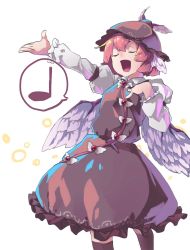 Rule 34 | 1girl, :d, bird wings, brown skirt, brown vest, cowboy shot, closed eyes, facing viewer, hand on own chest, hand up, hat, highres, juliet sleeves, long sleeves, musical note, mystia lorelei, open mouth, outstretched arm, pantyhose, puffy sleeves, red hair, reiga (act000), shirt, short hair, skirt, smile, solo, spoken musical note, standing, touhou, vest, white background, wings
