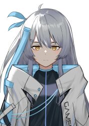 Rule 34 | 1girl, absurdres, acacia (snowbreak), acacia - kaguya (snowbreak), ahoge, alternate costume, blue bow, bow, bright pupils, closed mouth, clothes writing, expressionless, grey hair, hair ornament, highres, jacket, long hair, looking at viewer, open clothes, ribbon, snowbreak: containment zone, solo, user prr0022, white background, white jacket, white pupils, yellow eyes