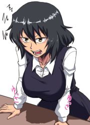Rule 34 | 1girl, andou (girls und panzer), angry, bc freedom school uniform, black hair, breasts, breasts squeezed together, brown eyes, dress shirt, girls und panzer, large breasts, medium hair, messy hair, mimuni362, open mouth, school uniform, shirt, solo, white background, yellow eyes