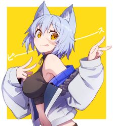 Rule 34 | 1girl, animal ear fluff, animal ears, bare shoulders, breasts, closed mouth, commentary request, crop top, double v, grey hair, hair between eyes, highres, jacket, long sleeves, medium breasts, midriff, navel, off shoulder, open clothes, open jacket, orange eyes, original, puffy long sleeves, puffy sleeves, ryota tentei, scar, scar on face, sleeves past wrists, solo, tongue, tongue out, tora tentei, two-tone background, upper body, v, white background, white jacket, yellow background