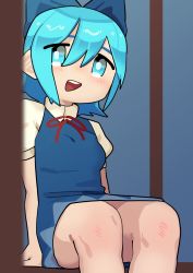 Rule 34 | 1girl, artist request, blue eyes, blue hair, blue ribbon, cirno, highres, looking to the side, open mouth, ribbon, solo, touhou