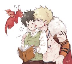 Rule 34 | !, 2boys, abs, alternate eye color, alternate hair color, anger vein, angry, aqistory, bakugou katsuki, belt, black eyes, black hair, blonde hair, boku no hero academia, book, brown pants, cape, commentary, detached sleeves, dragon, earrings, elbow pads, english commentary, freckles, fur-trimmed cape, fur trim, gloves, green vest, hand on another&#039;s shoulder, highres, holding, holding book, jewelry, licking, licking another&#039;s face, long sleeves, male focus, midoriya izuku, mini dragon, multiple boys, necklace, nipples, official alternate costume, one eye closed, open mouth, orange sleeves, pants, pectorals, red cape, red eyes, saliva, shirt, short hair, shoulder tattoo, signature, simple background, spiked hair, spoken exclamation mark, standing, tattoo, topless male, upper body, vest, white background, white shirt, yaoi