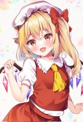 Rule 34 | 1girl, ascot, blonde hair, blush, collared shirt, crystal, fang, flandre scarlet, frilled shirt collar, frills, hair between eyes, hat, highres, long hair, looking at viewer, mob cap, open mouth, puffy short sleeves, puffy sleeves, red eyes, red skirt, red vest, shirotsuki shirone, shirt, short sleeves, side ponytail, skin fang, skirt, smile, solo, touhou, vest, white hat, white shirt, wings, yellow ascot