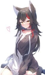 Rule 34 | 1girl, absurdres, amato 0321, animal ear fluff, animal ears, black hoodie, black socks, blush, commentary, drawstring, heart, highres, hololive, hood, hood down, hoodie, long hair, looking at viewer, multicolored hair, no shoes, ookami mio, ookami mio (casual), orange eyes, red hair, simple background, sitting, socks, solo, streaked hair, tail, two-tone hoodie, virtual youtuber, wariza, white background, white hoodie, wolf ears, wolf girl, wolf tail