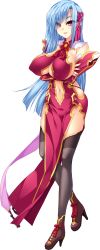 Rule 34 | 1girl, absurdres, aqua hair, bare shoulders, black thighhighs, boots, breasts, center opening, cleavage, crossed arms, detached sleeves, dress, full body, hair ornament, highres, hikage eiji, koihime musou, large breasts, long hair, long sleeves, looking at viewer, mole, open mouth, red eyes, simple background, sleeves past wrists, solo, teifu tokubou, thighhighs, transparent background