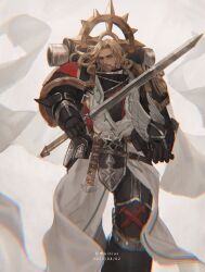 Rule 34 | 1boy, 2023, absurdres, armor, artist name, beard, blonde hair, cape, closed mouth, dark angels, dated, facial hair, full armor, gauntlets, ginias, green eyes, helmet, highres, holding, holding helmet, holding sword, holding weapon, lion el&#039;jonson, long hair, looking at viewer, male focus, pauldrons, power armor, primarch, shoulder armor, solo, sword, warhammer 40k, weapon, white background, white cape