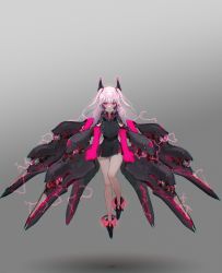 Rule 34 | 1girl, absurdres, alternate costume, black dress, dress, electricity, flat chest, floating, gradient background, highres, hololive, long hair, looking at viewer, mecha musume, oota youjo, open mouth, pink hair, red eyes, science fiction, solo, two side up, uruha rushia, virtual youtuber