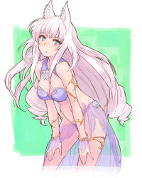 Rule 34 | 1girl, absurdres, animal ear fluff, animal ears, bare shoulders, bikini, blue eyes, blush, breasts, cleavage, copyright request, fingernails, green eyes, hands on own thighs, highres, leaning forward, long hair, looking at viewer, medium breasts, multicolored eyes, nyama, parted lips, purple bikini, purple eyes, see-through, solo, swimsuit, very long hair, white hair